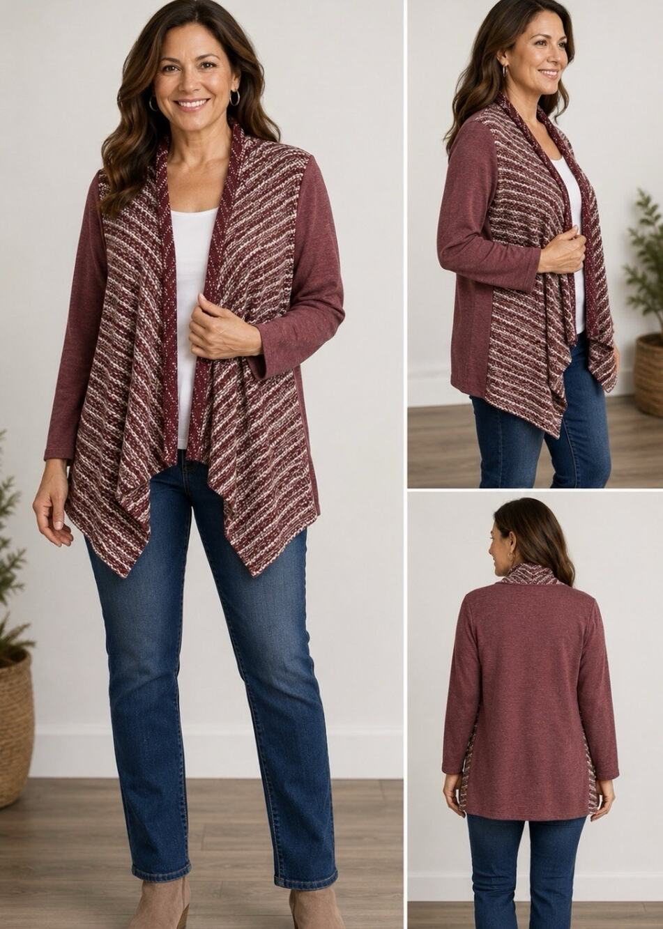 LOGO by Lori Goldstein Textured Mauve and White Open Front Cardigan Size L